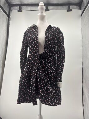 Black Long-Sleeve Floral Wrap Dress with Pink Accents